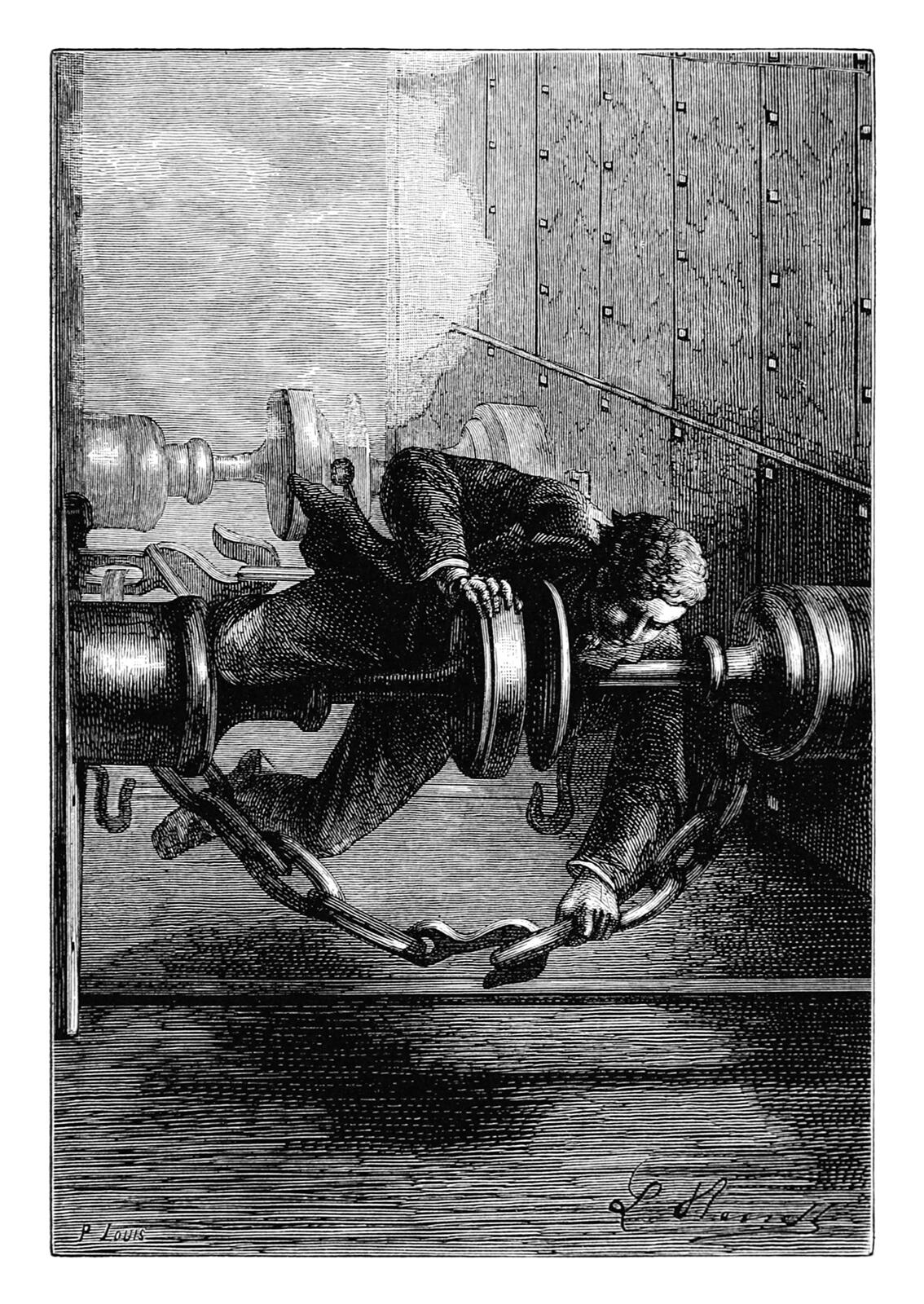 A man hanging by one hand between train carriages