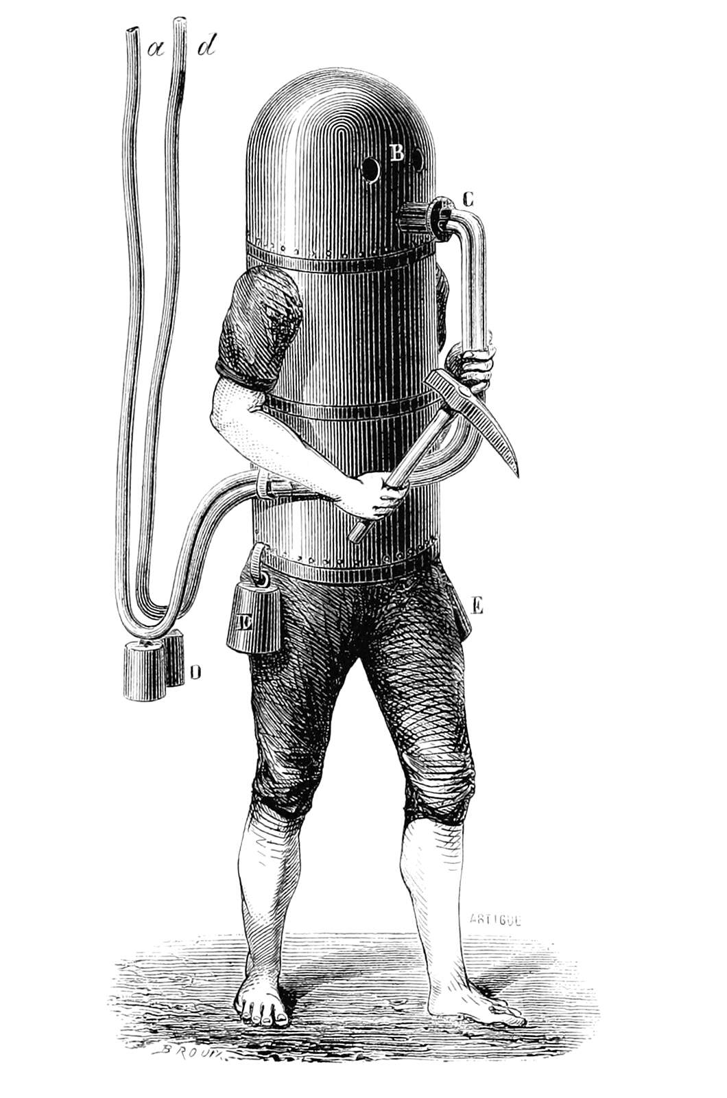19th century illustration of a diving machine